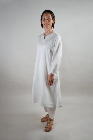 Solid White Linen Kurti and Pant Co-ord Set - Comfortable White Casual Wear