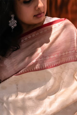 Classic Cream & Blush Red Kanjeevaram Silk Saree with Silver Zari