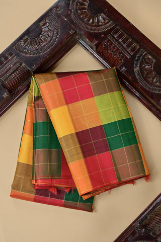 Multi-Colored Kanjivaram Silk Saree with Gold Zari Checks