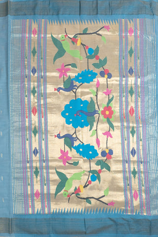 Light Blue Cotton Paithani Saree with peacock and floral motifs