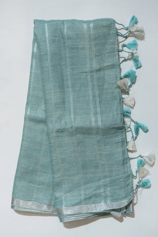 Sea Blue and Silver Pure Linen Saree