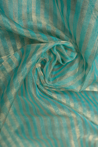 Aqua Blue and Gold Zari Striped Maheshwari Saree