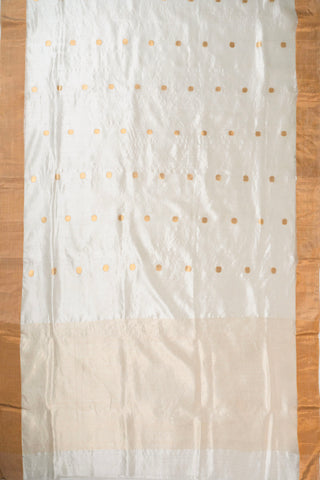 Off-white pure silk Chanderi saree with gold zari rudraksh motifs and striped tissue pallu