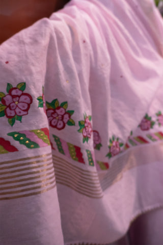 Valentine's Dream: Blush Pink Hand-Painted & Embroidered Chanderi Silk Suit Set with Dupatta