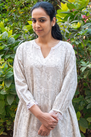 Off-white Linen Kurta Set with Brown Pants
