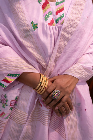 Valentine's Dream: Blush Pink Hand-Painted & Embroidered Chanderi Silk Suit Set with Dupatta