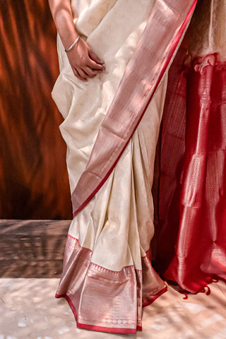 Classic Cream & Blush Red Kanjeevaram Silk Saree with Silver Zariv