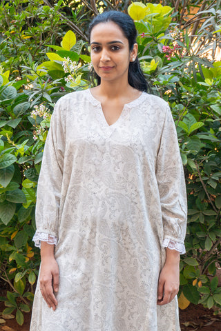 Off-white Linen Kurta Set with Brown Pants