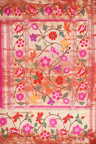 Bright pink Paithani saree with gold zari grid checks and a gold tissue pallu of multicolour floral vines