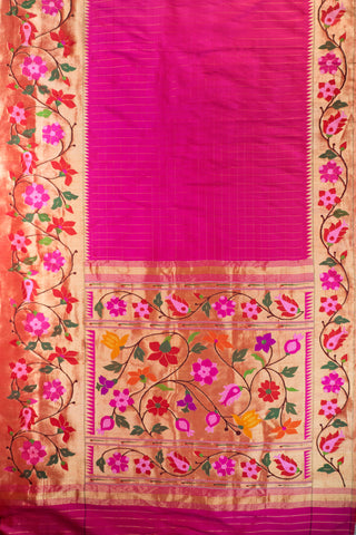 Bright pink Paithani saree with gold zari grid checks and a gold tissue pallu of multicolour floral vines