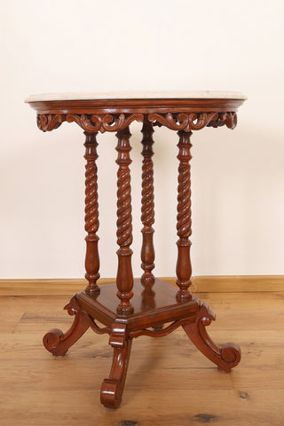 Marble top pedestal with carved teakwood twisted base