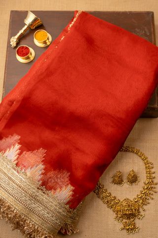 Red Banarasi Organza Tissue Saree with Golden Lace