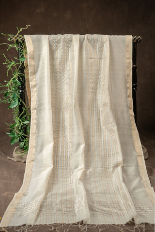 Beige Maheshwari silk dupatta with metallic woven stripe design