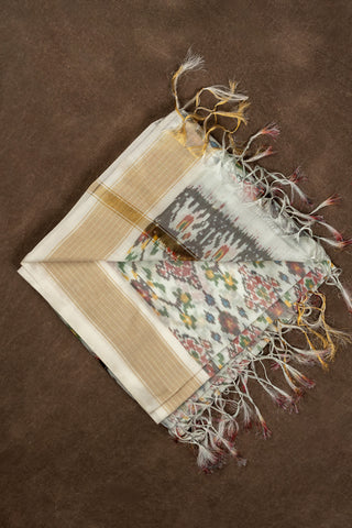 Off-white cotton silk Ikat dupatta with elephant border