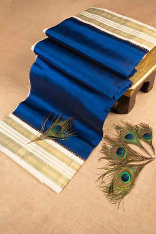 royal blue and cream handwoven silk cotton saree with temple border handcrafted saree from Madhurya