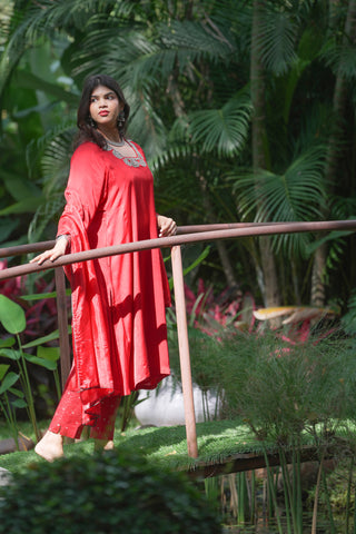 Crimson Red Modal Satin Silk Tanjore Suit with Elaborate Hand Embroidered Zardozi