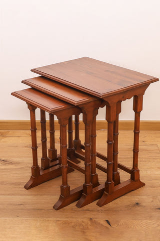 Solid teakwood trio nesting tables with turned legs
