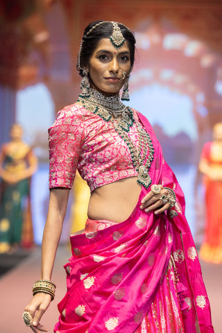 Fuchsia Banarasi silk lehenga with zardosi embroidery and pearl work