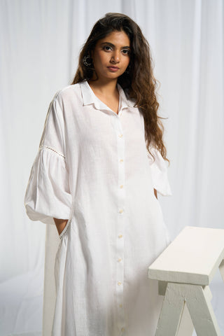 White linen lantern sleeve maxi dress 