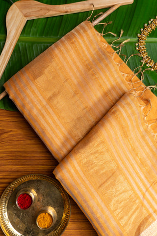 Golden Yellow and Gold Zari Striped Maheshwari Saree