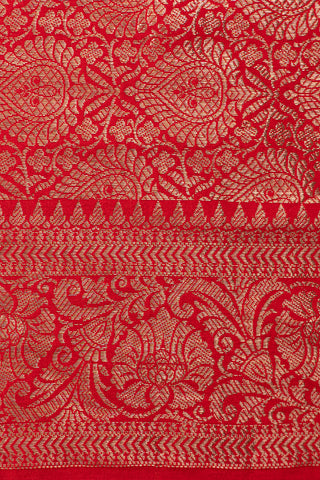 Red Silk saree in White Gold zari