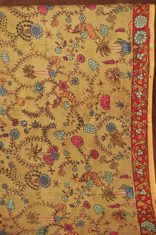 Olive green hand-painted Kalamkari dupatta with traditional floral and peacock motifs on Chinaya silk blend