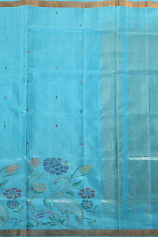Aqua Blue Uppada Pure Silk Saree with Floral & Polka Dot Jamdani – Shop now for this Uppada silk saree online.