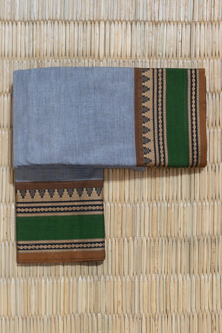 Grey Chettinad Cotton Saree with Mustard-Black Border and Green Accent