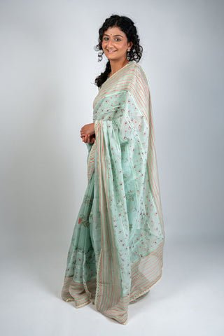 Aqua green Chanderi saree with floral and striped border