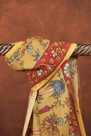 Olive green hand-painted Kalamkari dupatta with traditional floral and peacock motifs on Chinaya silk blend