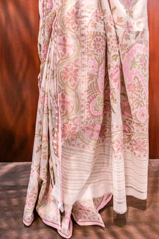 Elegant Cream & Pink Banarasi Saree with Floral Jaal Design