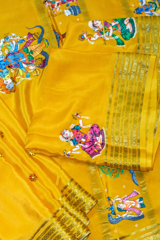 Alia Bhatt's Ramayan-inspired Yellow Mysore Silk Saree in  Krishna Pattachitra