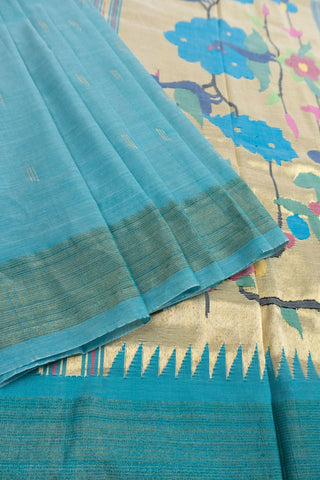Light Blue Pure Cotton Paithani Saree with peacock motifs
