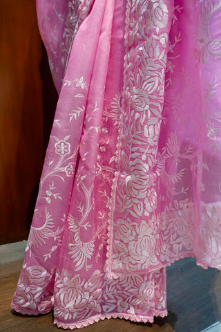 Bubblegum pink pure silk organza saree with Parsi Gara floral and bird embroidery.