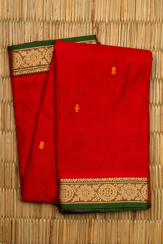 Ruby Red Chettinad Cotton Saree with Gold Zari Chakra and Floral Border