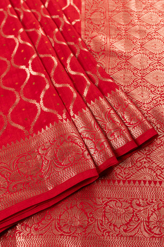 Red Silk saree in White Gold zari