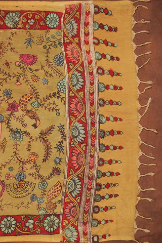 Olive green hand-painted Kalamkari dupatta with traditional floral and peacock motifs on Chinaya silk blend