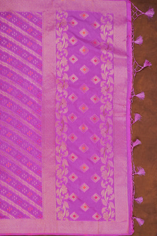 Fuchsia pink Banarasi dupatta with diagonal gold zari leheriya, meenakari dots, diamond booti pallu and hand-knotted tassels