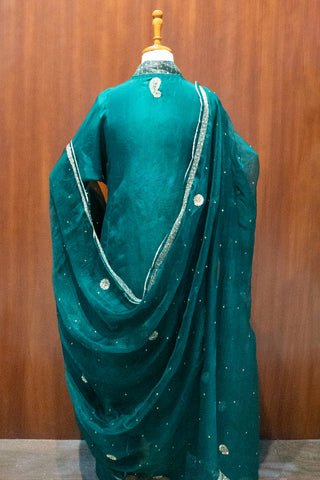 Elegant Teal Habutai Silk Kurta Pant Set with Zardozi & Sequin Work and Embroidered Kota Silk Dupatta