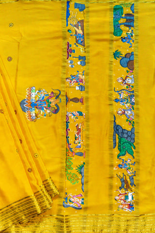 Alia Bhatt's Ramayan-inspired Yellow Mysore Silk Saree in  Krishna Pattachitra
