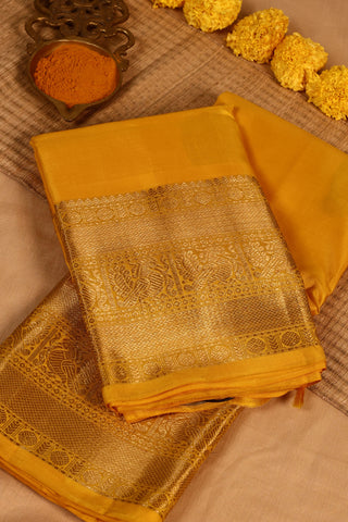 Goldenrod Yellow Kanjivaram Silk Saree with peacock motifs and zari border