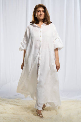 White linen dress with double layered sleeves
