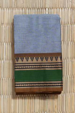 Grey Chettinad Cotton Saree with Mustard-Black Border and Green Accent