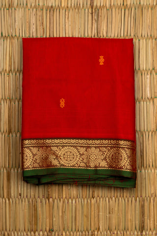 Ruby Red Chettinad Cotton Saree with Gold Zari Chakra and Floral Border