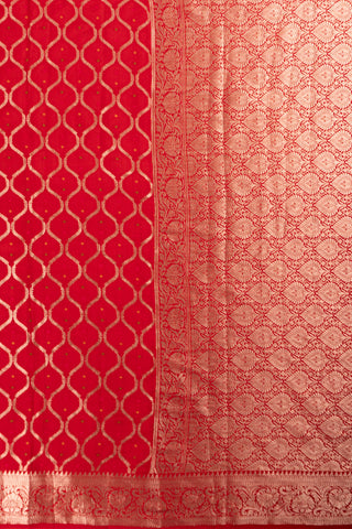 Red Silk saree in White Gold zari