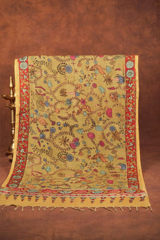 Olive green hand-painted Kalamkari dupatta with traditional floral and peacock motifs on Chinaya silk blend