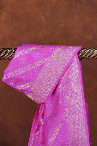 Fuchsia pink Banarasi dupatta with diagonal gold zari leheriya, meenakari dots, diamond booti pallu and hand-knotted tassels