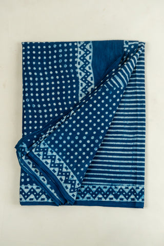 Unique Indigo Mul Cotton Saree - Folk Art Bird Accent