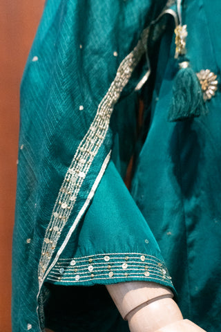 Elegant Teal Habutai Silk Kurta Pant Set with Zardozi & Sequin Work and Embroidered Kota Silk Dupatta