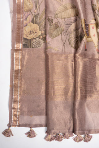 dusty pink soft linen tissue saree with digital heritage art prints handcrafted saree from Madhurya	